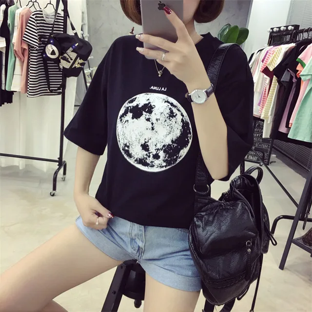 Chic Summer New Personality Planet Moon Printed Loose T Shirts Women Slim Leisure Short Sleeve White T-shirt Female Top M-XXL 1