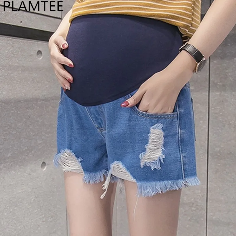 PLAMTEE Summer Maternity Shorts Fashion Broken Hold Denim Short For