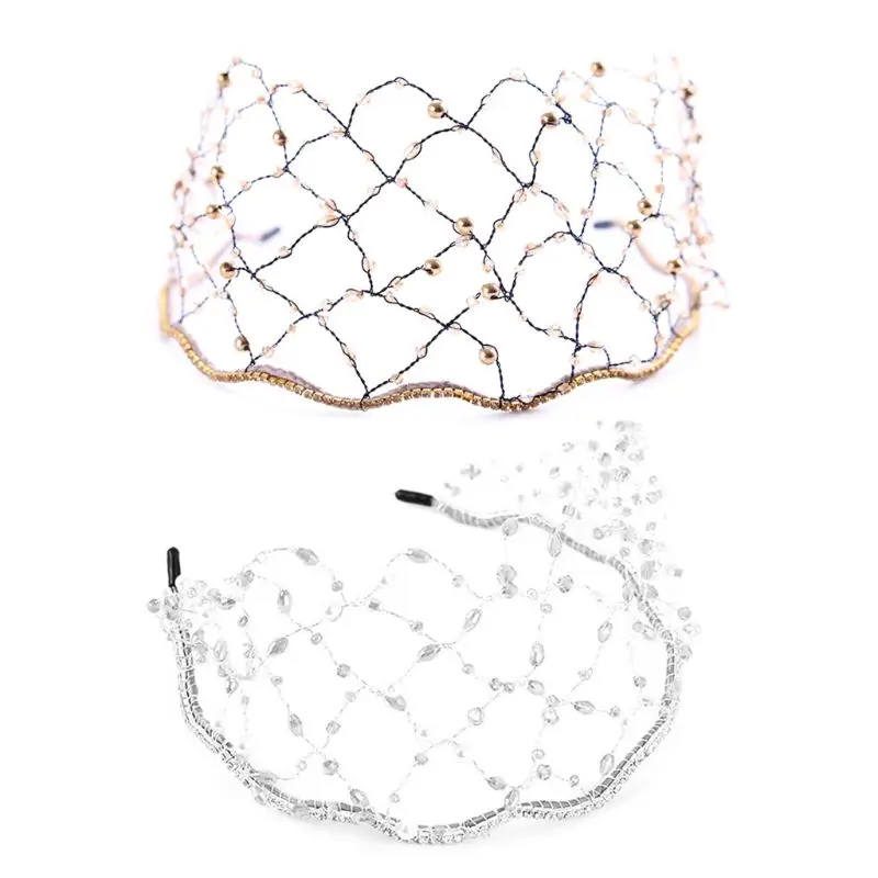 Невесты повязка на голову, украшенные стразами и жемчугом Роскошные Для женщин свадебные украшение для волос, Тиара ОБРУЧ сетка Свадебные Головные уборы Подвески Украшения для волос