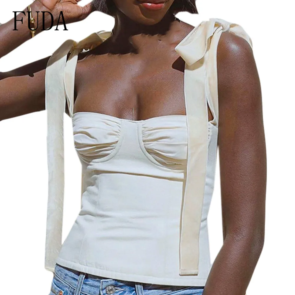 

FUDA Women Summer Sexy Backless Wrapped Breasts Chiffon T-shirt Fashion Hollow Out Sleeveless Lace Up Crop Tops Femme