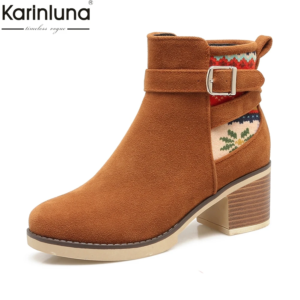 

Karinluna Brand new Plus Size 34-43 Hot Sale women western Boots Woman Shoes Square Heels Black Gary Ankle Boots Shoes Woman