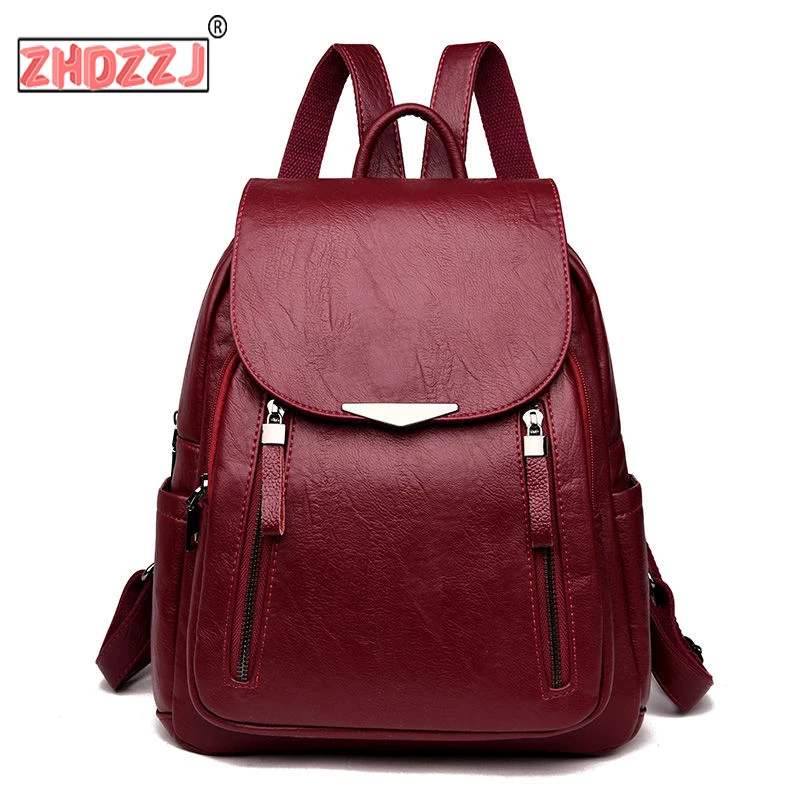  Casual Backpack Female Brand Leather Women's backpack Large Capacity School Bag for Girls Double Zi - 4000014211182