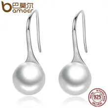 BAMOER 925 Sterling Silver Elegant Round Simulated Pure Love Pearl Drop Earrings for Women Fine Jewelry Brincos SCE037