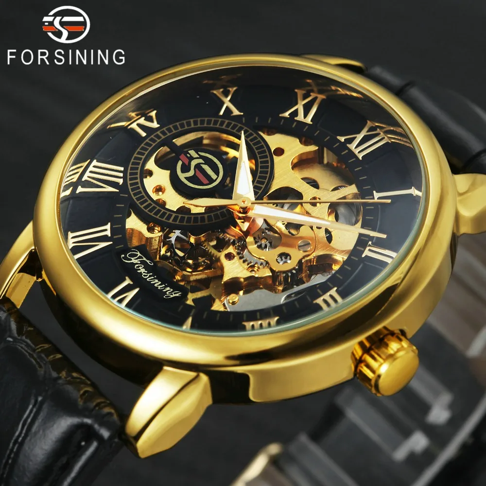 

FORSINING Top Brand Luxury Men Mechanical Watch Golden Skeleton Dial Leather Strap Roman Numerals Fashion Wrist Watches