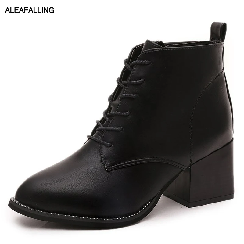 

Aleafalling Mature Boots 5.5cm High Heel Women Pointed Toe Autumn Pu Shinny Leather Boots Women Lace Up Shoes Boots WBT115