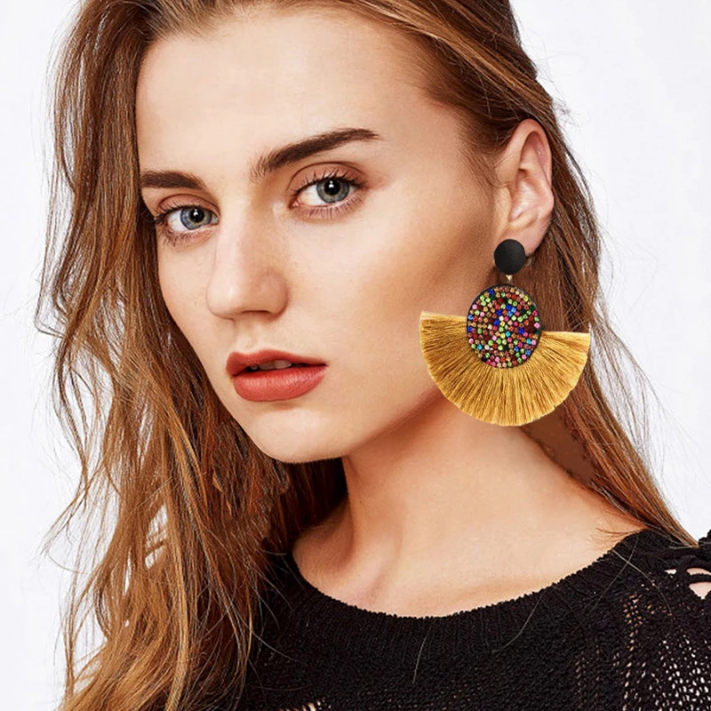 

Fashion Exaggerated Bohemian Crystal Tassel Earrings For Women Statement Color Big Fringed Drop Dangle Earrings Jewelry