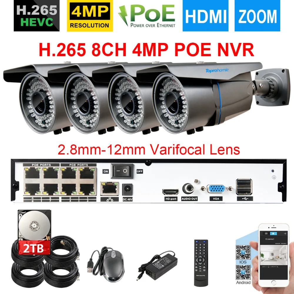 48 V H.265 4.0MP PoE камера безопасности CCTV Системы 8CH NVR с 4 шт. 4MP 2 8-12 мм увеличительная IP