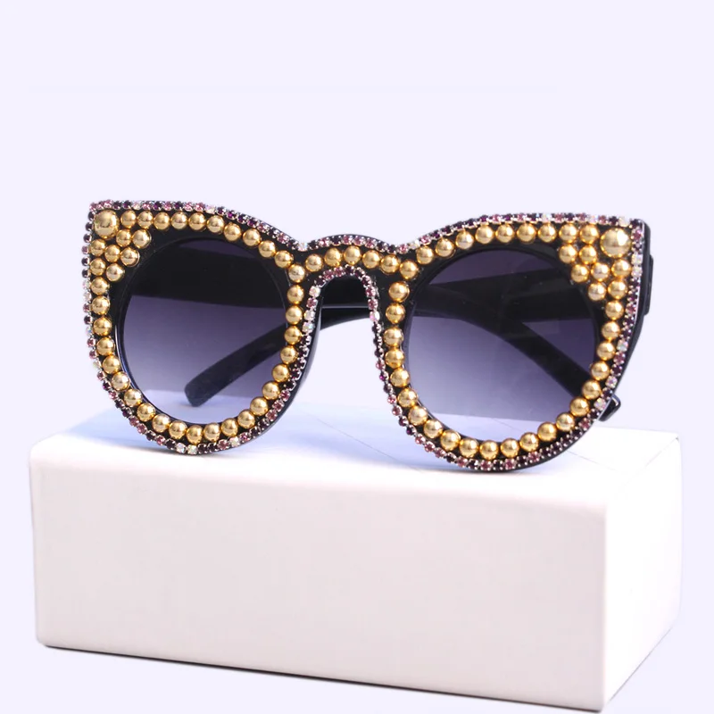 Новинка, дизайнерские женские солнцезащитные очки больших размеров с жемчугом, кошачий глаз, алмаз, большие оттенки, модные классические уникальные женские вечерние очки UV400 - Цвет линз: C1