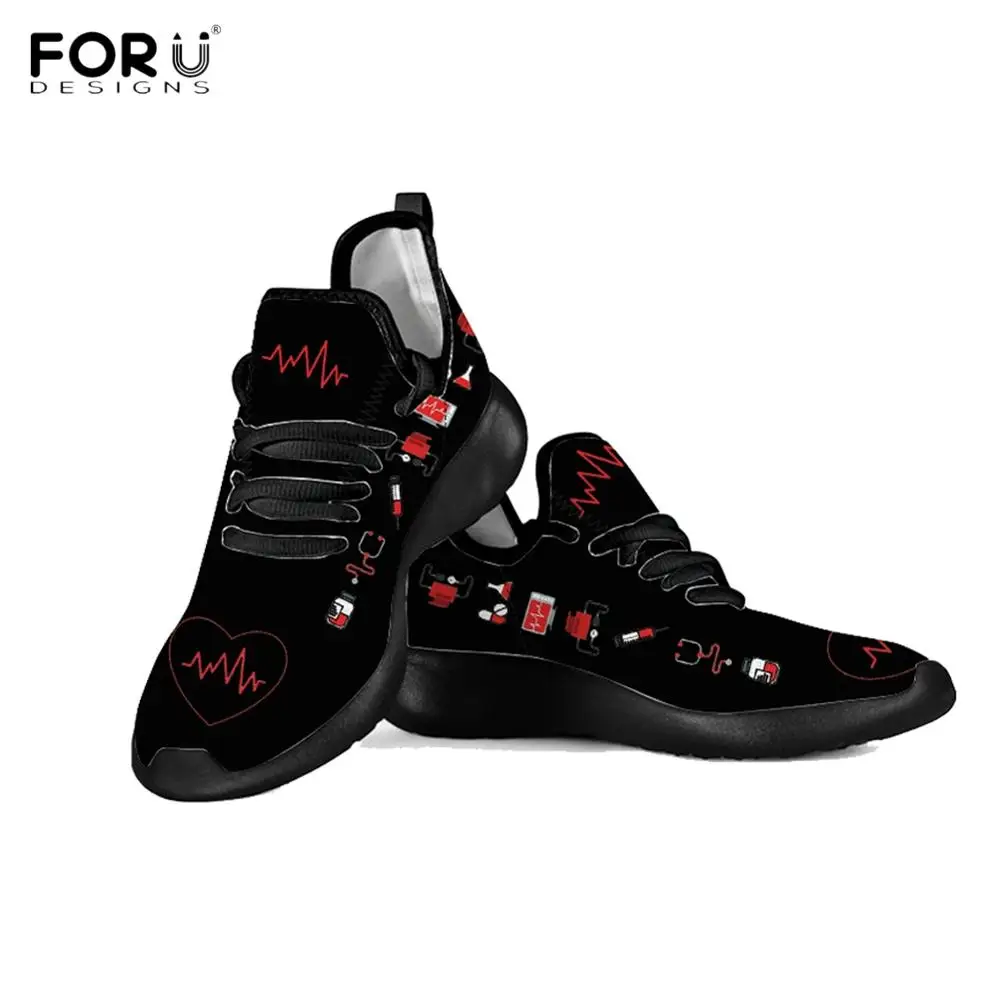 

FORUDESIGNS Cartoon Nurse Heart Beat Print Breathable Mesh Knit Sneakers Lightweight Female Flats Shoes Casual Footwear Ladies