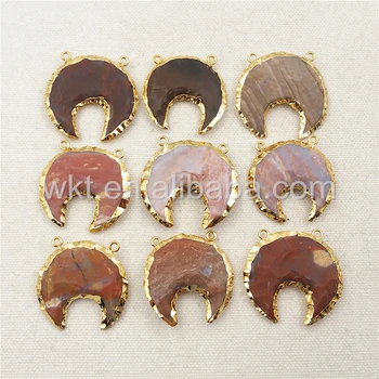 

WT-P1027 Unique Nautral Stone gold trim Crescent Pendant with Double bails for Necklace Natural Color in crescent Shape