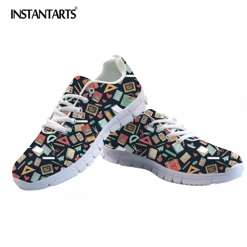 

INSTANTARTS 2018 Popular Teacher Pattern Women Lace Up Sneaker Shoes Summer Breathable Air Mesh Shoes Lightweight Flat Shoes