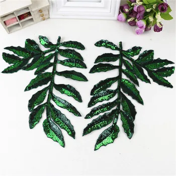 

big size green leaf applique sequins patches embroidered badge fabric patches for clothing accessories iron stickers for clothes