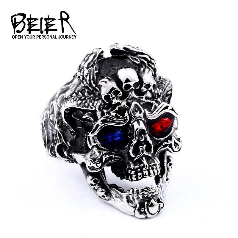 BEIER punk cool three skull With Blue/red eye Ring Stainless Steel Punk fashion for men jewelry Halloween party BR8-647