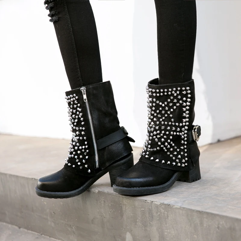 

New Arrivals Genuine Leather Studded Women Winter Boots Round Toe Cowboy Low Heel Boots Fashion Boots Shoes Women