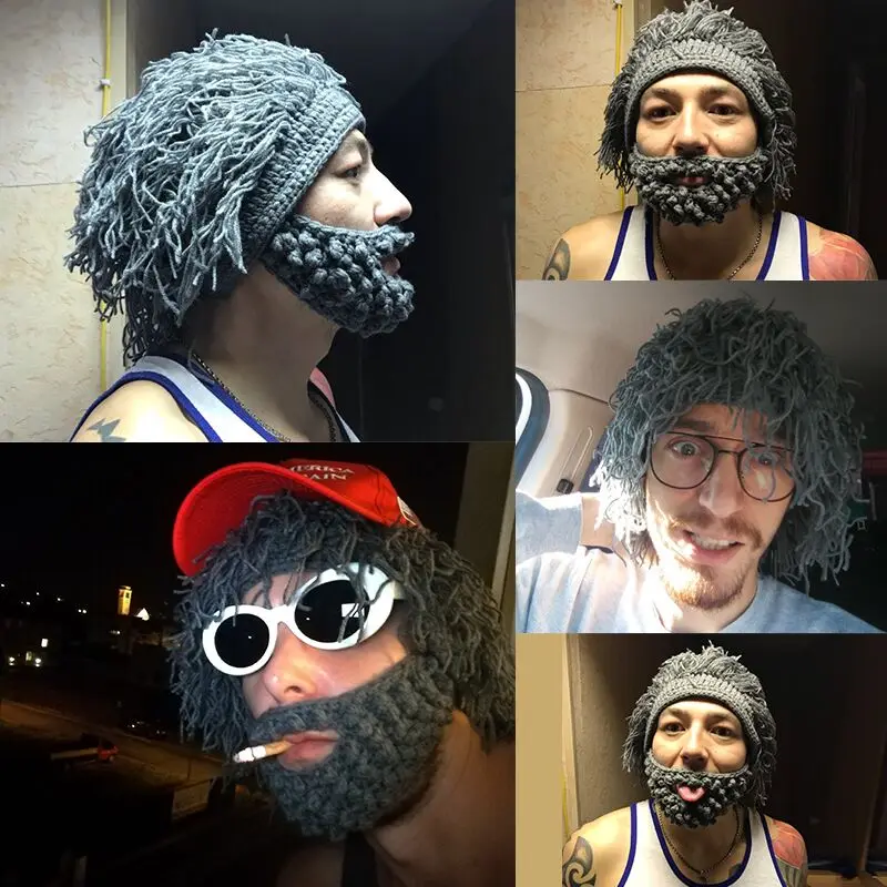 Мужская зимняя вязаная крючком шапка с бородой и кисточками|beard beanie|hat beardwarm cap |