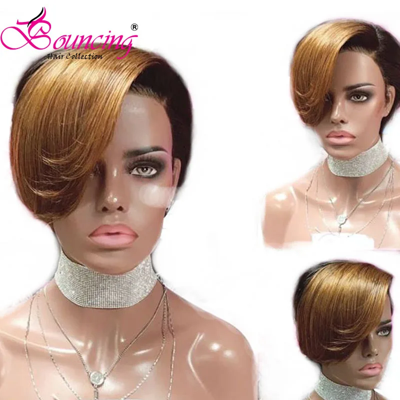 

Bouncing Hair Short Pixie Cut Wig Brazilian Human Remy Hair Lace Front Wig 1B With Highlight #27 For Black Women