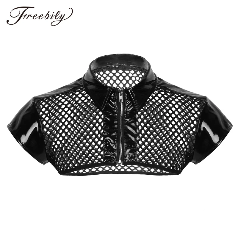 

Mens See Through Mesh Fishnet Patent Leather Splice Shoulder Chest Harness Shirt Muscle Clubwear Costume Half Tank Top