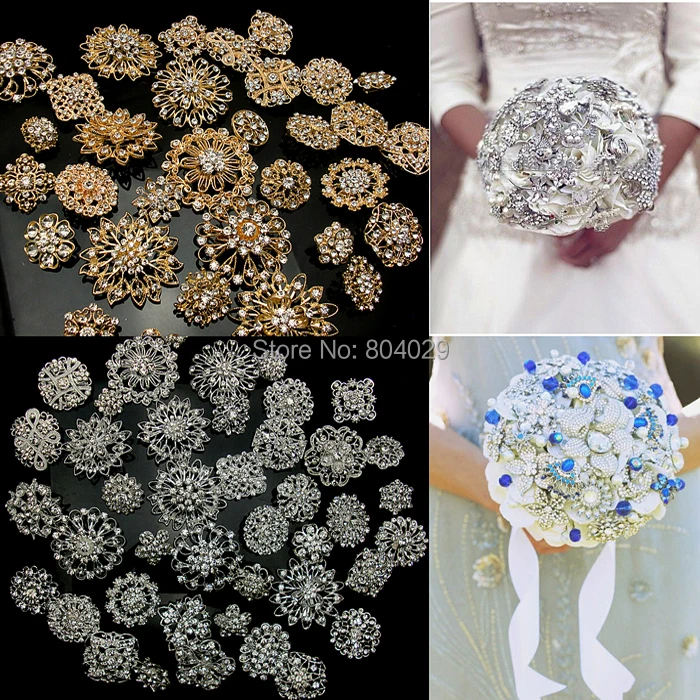 Wholesale 24Pcs x Rhinestone crystal brooches silver gold colours