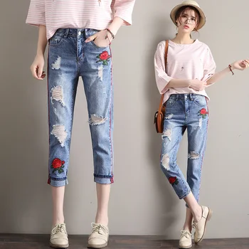 

denim jeans panty women spring summer style autumn 2017 feminina fashion embroidery new hole thin loose denim pants female A3655
