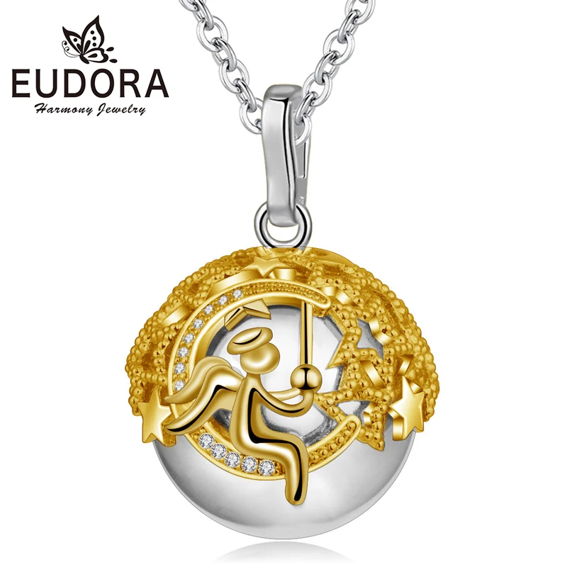 

EUDORA 20mm Gold color Angel Moon Star Necklace Silver color Harmony ball Pendant for pregnant woman pregnancy new mom gift B352
