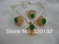 

Bridal Fashion Jewellery Women's Set nrw green jade Crystal Pendant Ring earring 18K white gold plated Jewellery Fast shipping