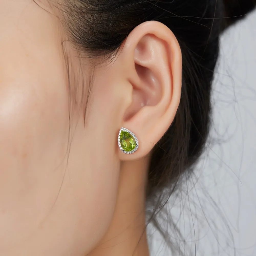 Женские серьги пусеты с натуральным драгоценным камнем 14 к|stud earrings|peridot stud