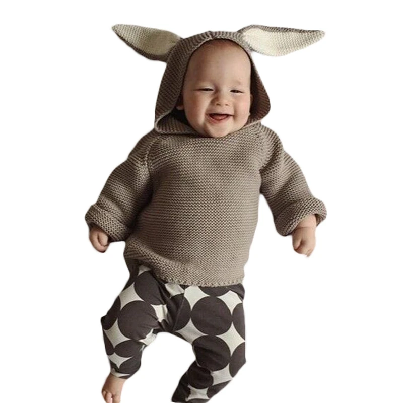 Baby Boys Girls Sweaters Rabbit Ear Pullovers Hooded Knitted Cotton