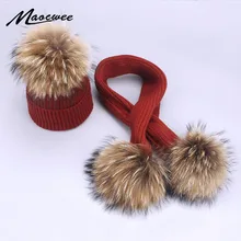 Детские шапки милый ребенок помпон зимние наборы шарф шапка натуральный мех мяч шапки вязаная Шапочка Зимний шарф хлопок теплый мягкий