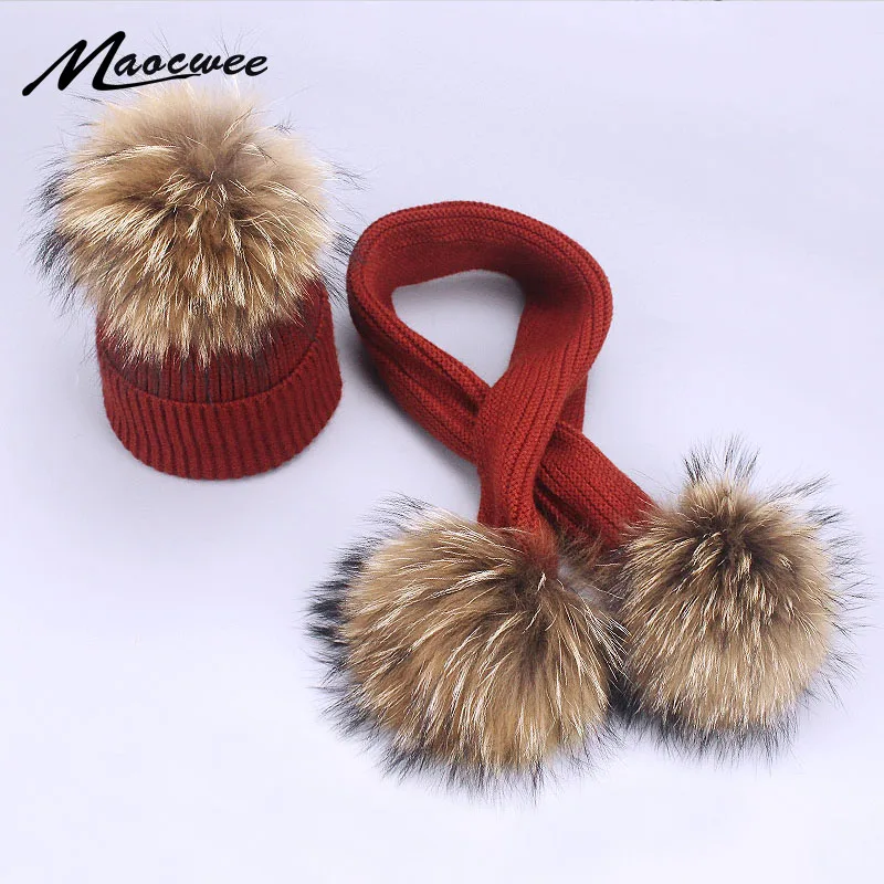 

Children Caps Cute Baby Pompon Winter Hat Scarf Sets Real Natural Fur Ball Caps Knit Beanie Hat Winter Scarf Cotton Warm Soft