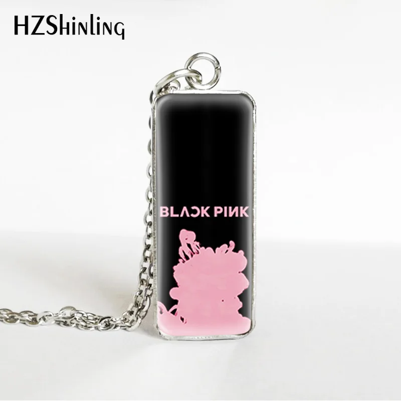 Hot Kpop Group Blackpink Lisa Rose Jennie Jisoo Rectangle Necklace Glass Cabochon Pendant Rectangle Necklace Jewelry Gifts