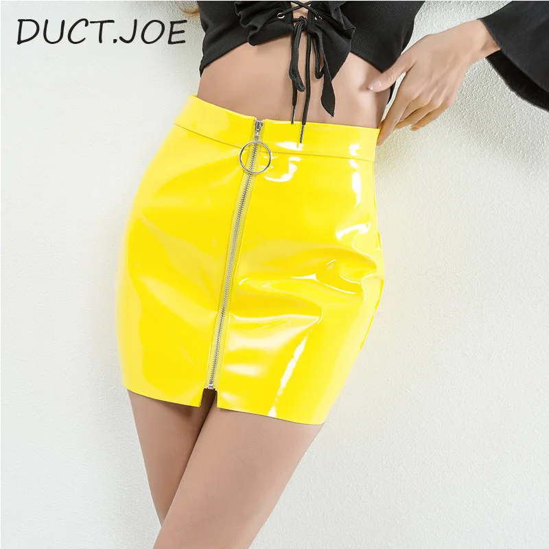 

DUCTJOE New High Waist PU Leather Skirt For Womens Metal Circle Zipper 5 Color Latex Skirt Pencil Sexy Summer Female Mini Skirts