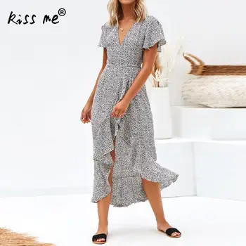 

Vintage Bohemia Waist Controlled One Piece Long Beach Dress Women Dots Maxi Dress Holiday High Slit V Neck Short Sleeve Dresses