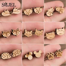 SMJEL aretes de madera joyería Animal lindo pendientes de perno de zorro para mujeres niñas niños Mickey pendientes Piercing Pendients regalos de fiesta