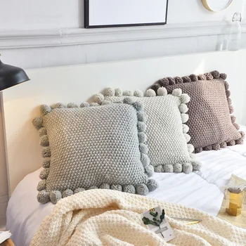 

45cm grey/brown acrylic wool knitted cushion cover pillowcase sofa decorative wool balls lumbar pillow cover throw pillow case