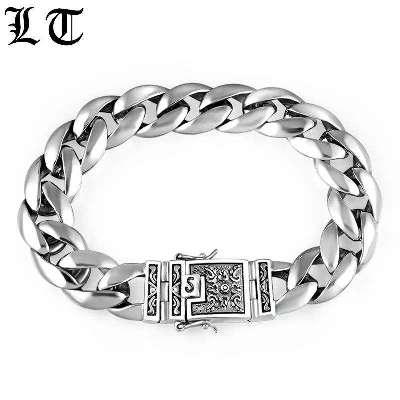 

LT Solid 925 Sterling Silver Bracelets Men Smooth High Polish Flower Safe Lock Link Chain Male Biker Silver Bracelet Jewelry