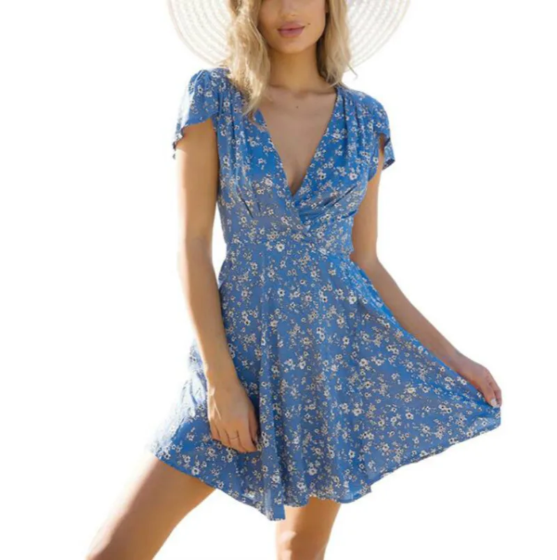 

Floral deep v-neck Wrapping paper summer dress summer sarafan Casual tunic beach dress