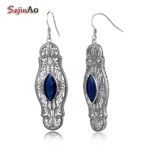 Szjinao синий сапфир винтажные 925 пробы серебряные ювелирные изделия для женщин модные висячие серьги подарок на день Святого Валентина