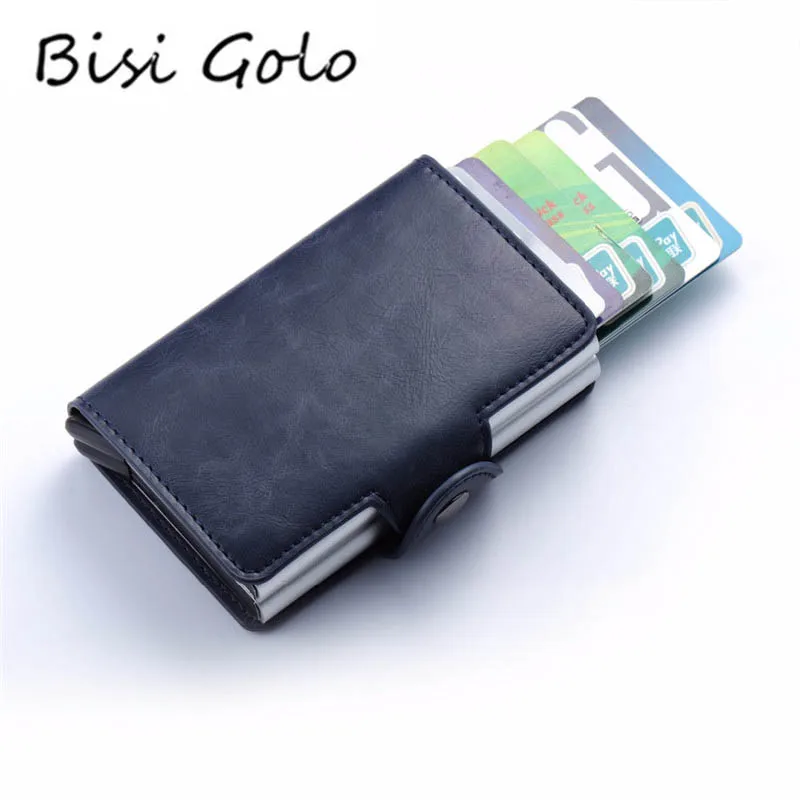 

BISI GORO 2019 RFID Wallet Card Holder PU Leather Vintage Credit Card Holder Double Aluminum Boxes ID Holders for Men and Women