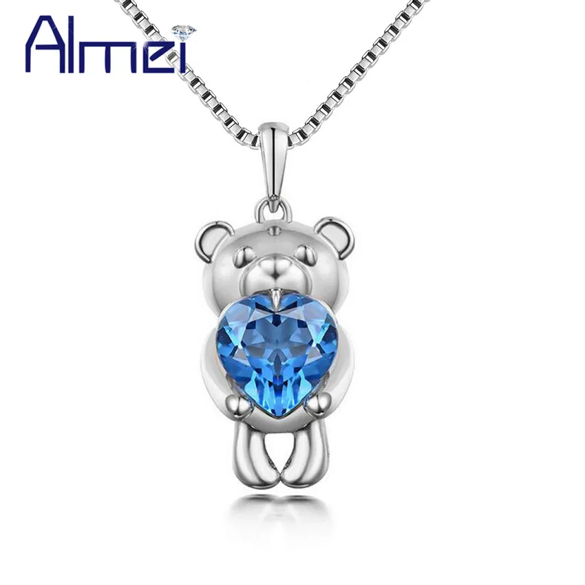 

Almei 40% Anime Blue Heart Stone Necklace Women Ketting Bear Necklaces Pendants 925 Sterling Silver Jewelry Chain With Box LN128