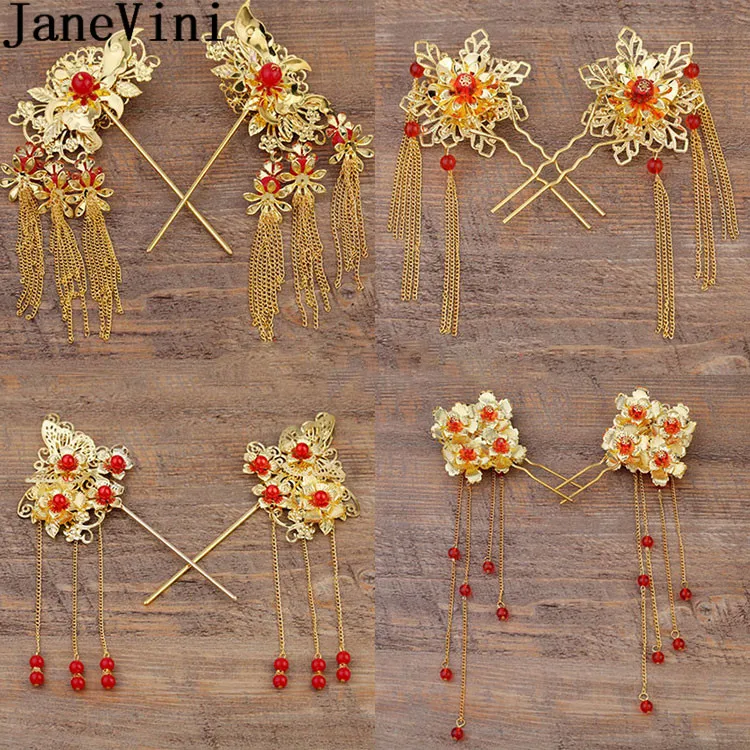 

JaneVini 2pcs One Pair Chinese Traditional Bride Hairpin Headdress Golden Pageant Wedding Hairwear Flower Red Hair Accessories