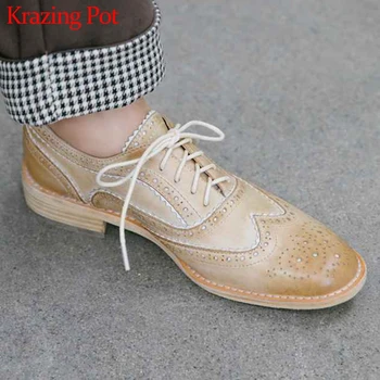 

Krazing pot new carving genuine leather round toe low heels pumps gradient vintage Autumn season British school oxford shoes l35