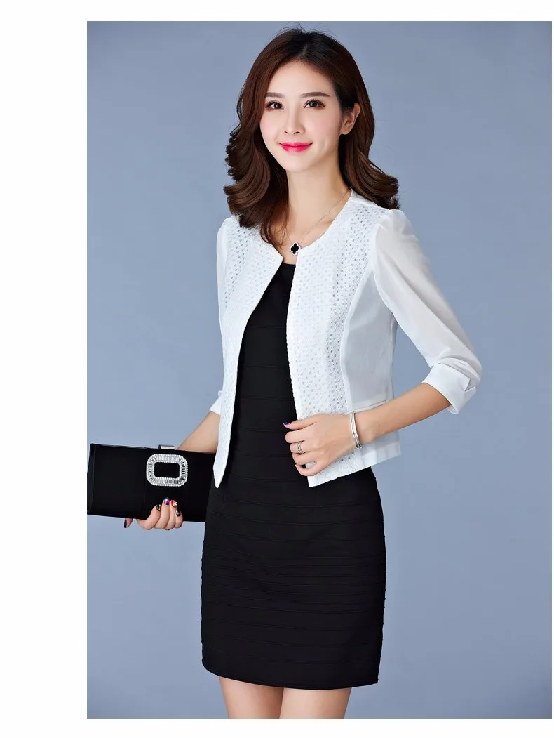 Women Black White Gauze Jacket Summer 2016 Chiffon Cardigan Sexy 34 Sleeve Plus Size Slim Jackets Office Lady Coat Tops A385  d