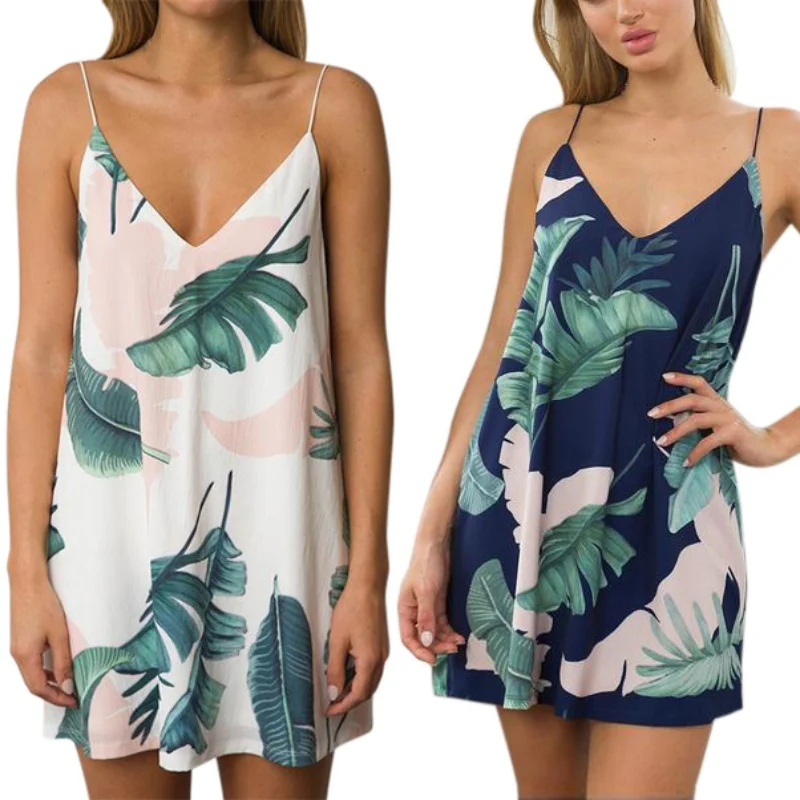 2017 New White Cami Summer Dress Women Palm Leaf Print Double V Neck
