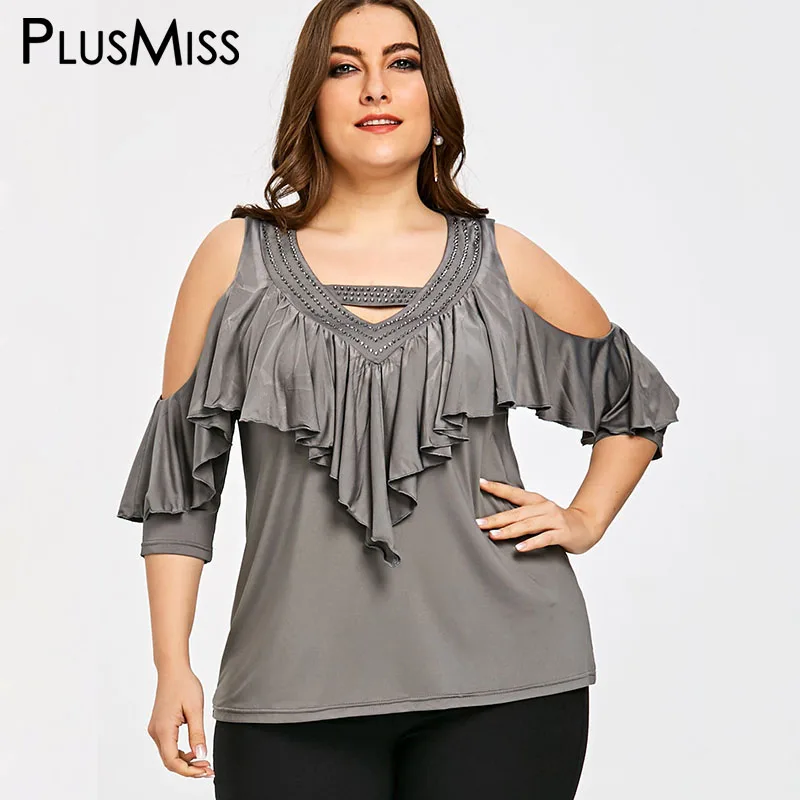 PlusMiss Plus Size 5XL Sexy Cold Shoulder Ruffle Top