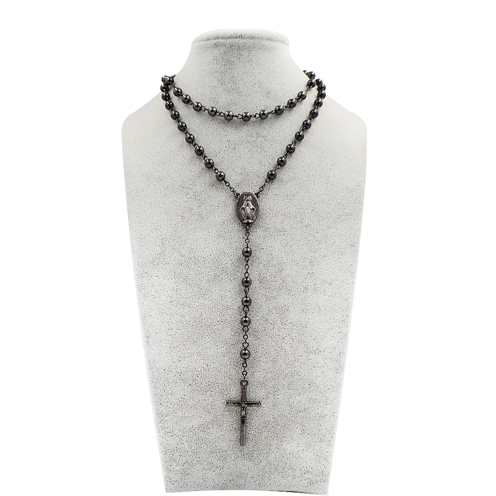 Мужская и женская католическая религиозная девственница Mary Gun Черные Четки ожерелье ювелирные изделия 6 мм молитвенные бусы