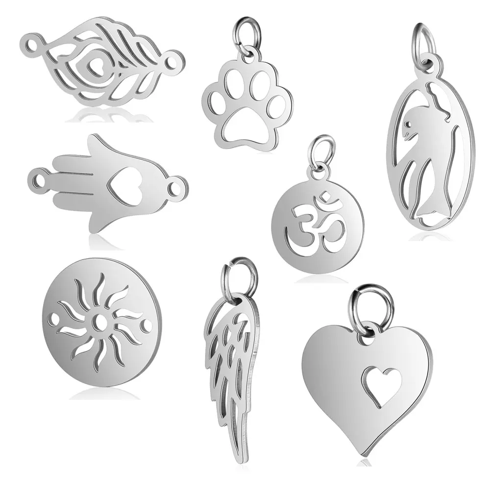 

5pcs/lot 100% Stainless Steel Dog Paw Angle Wing Charm Wholesale Dolphin Sun Connector Lotus Heart DIY Charms for Jewelry Making
