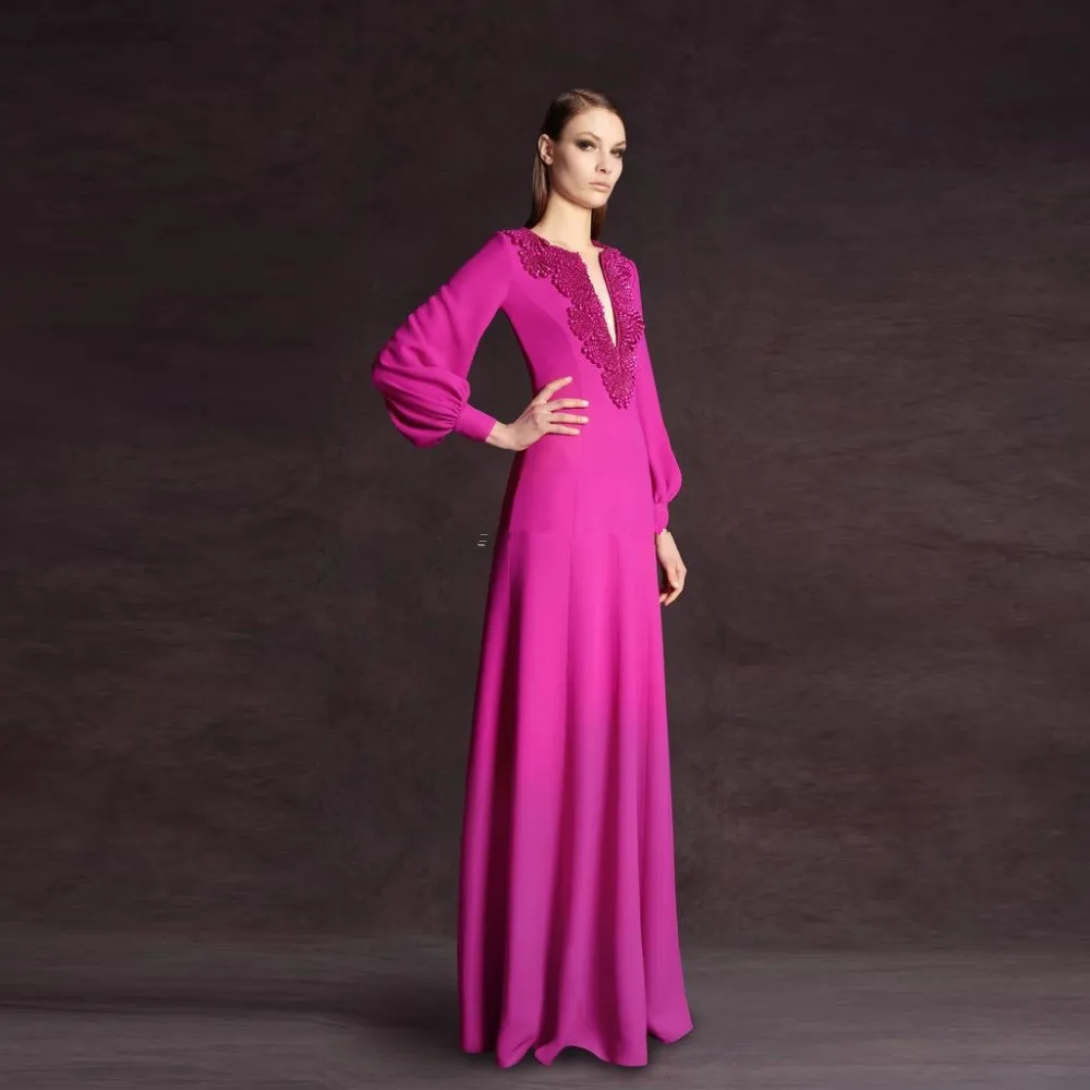 

real photos Robe De Soiree 2016 Long Sleeve Evening Dress Deep V Neck Floor Length Beaded Elegant Dubai Kaftan Long Prom Dress