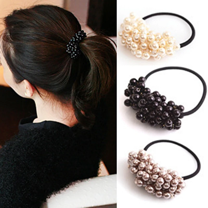 3Pcs Pearl Elastic Rubber Hair Ties Rings Rope Elastic Hair Ponytail