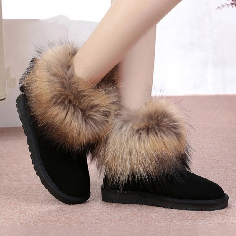 UVWP Fashion Top Quality Raccoon fur Snow Boots Women Boots Genuine Leather Winter Warm Snow Boots