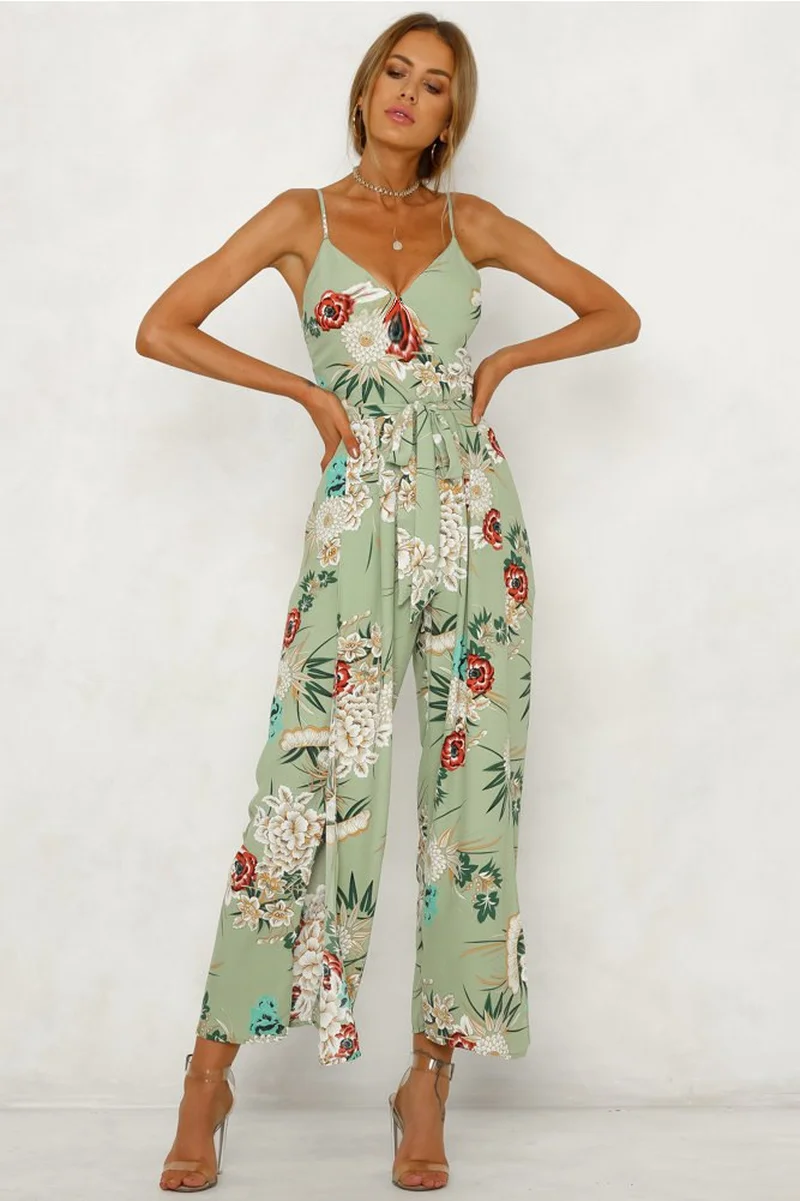 Women's New Sexy V-neck Print Strapless Long Paragraph Split Women's Jumpsuit Cool Summer Women's Clothing 0509